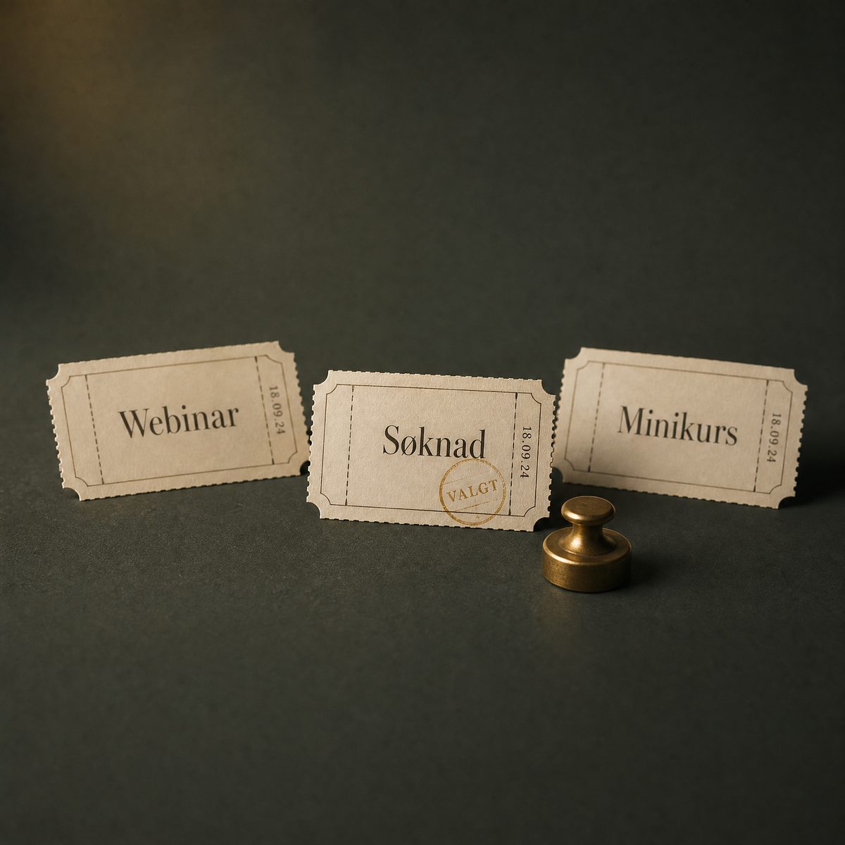 Tre billetter: webinar, søknad og minikurs, én valgt